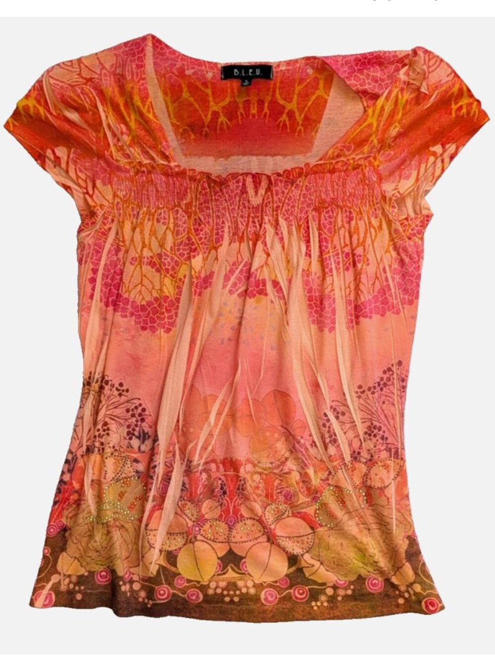 B.L.E.U. Pink Orange Floral-Print Short Sleeve Top